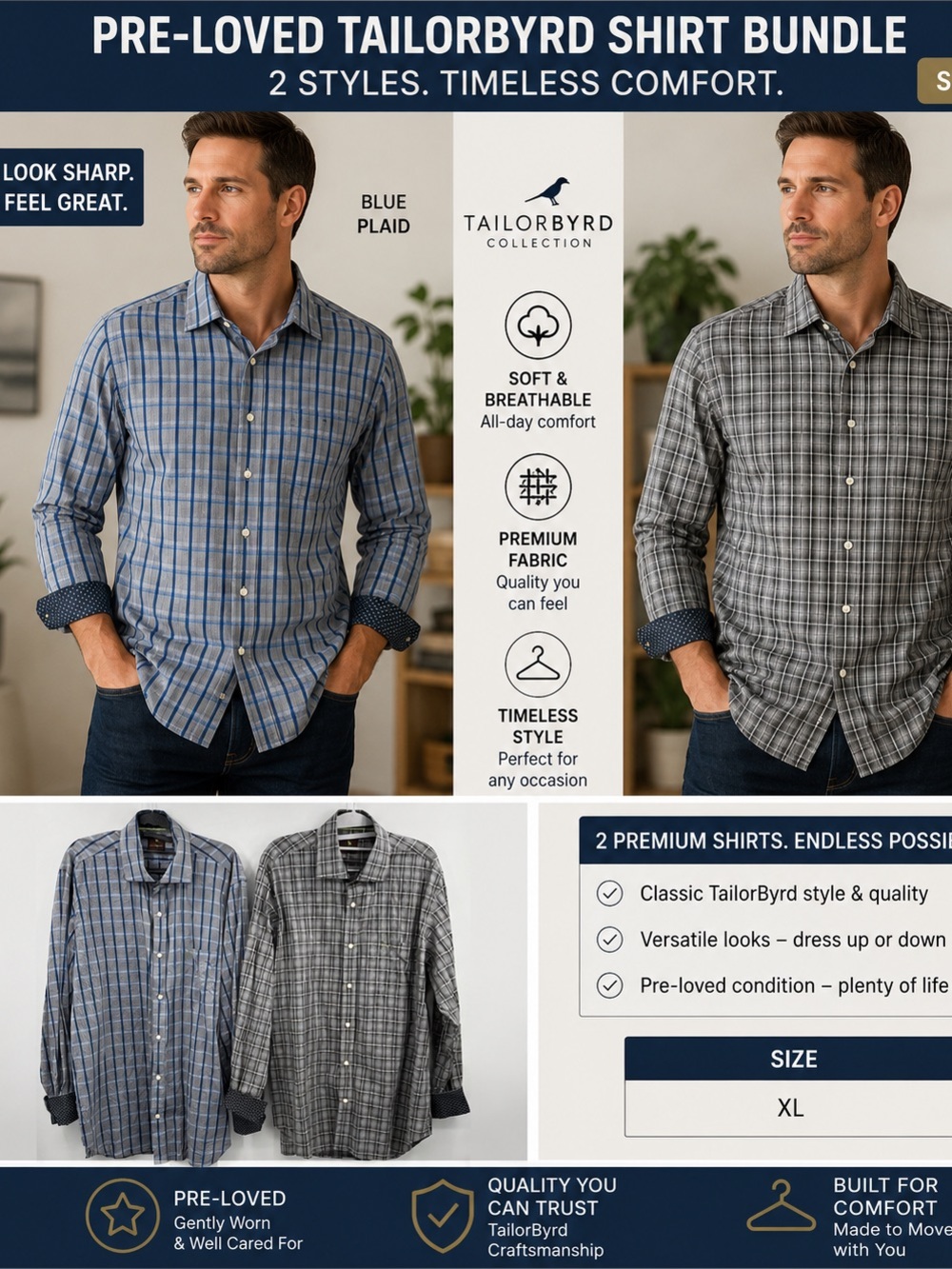 TAILORBYRD‎ Contrast Cuff Long Sleeve Cotton Plaid Pocket Logo Grey Blue SZ XL